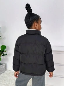 SHEIN Tween 女童双面保暖内衬立领长袖飞行员夹克，休闲秋冬 - 黑色 - 查看 2