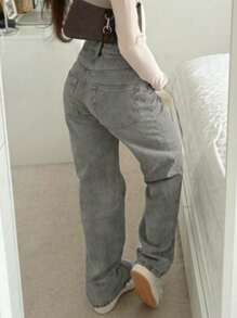 女士灰色直筒牛仔裤，休闲百搭，适合所有季节 - 淺灰色 - 查看 2