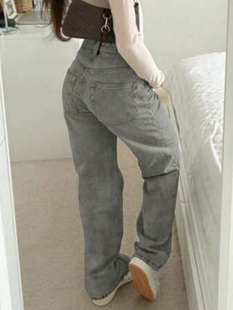 Calça Cinza para Mulheres; Casual, Versátil, Básica, Calça Reta de Denim para as Quatro Estações.