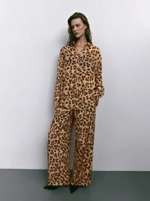 Maija Women's Brown Leopard Print Button Down Loose Fashion Casual Long Sleeve Shirt, Autumn/Winter - Khaki - View 3