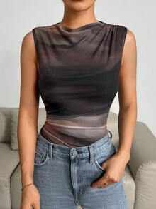 SHEIN Essnce Bộ đồ liền thân in họa tiết Tie-Dye dành cho nữ - Màu xám đen - Xem 4