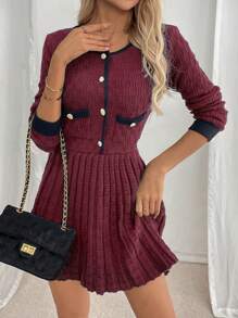 SHEIN Clasi 女式复古法式厚粘胶纤维收腰紧身毛衣裙，时尚派对、外出和休闲装，秋冬季 - 酒紅色 - 查看 5