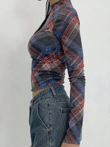 DAZY 1pc Women Stand Collar Long Sleeve Fitted Checkered Blouse, Casual For Daily Wear Plaid - Multicolor - View 5