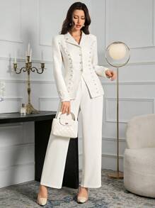 Modelyn Women Elegant Pearl Beaded Collar Cinched Waist Blazer Jacket For Commuting, Autumn Winter, Elegant Regular Blazers, For Evening Party/Wedding Guest/Anniversary