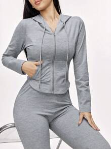 Mulvari Conjunto informal de 2 piezas con sudadera con capucha con cremallera de unicolor y pantalón largo, para otoño