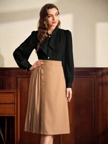 Vintamour Blus Wanita Lengan Panjang Pas Badan Elegan Bergaya Vintage dengan Kerah Ikat yang Mengalir - Hitam - View 4
