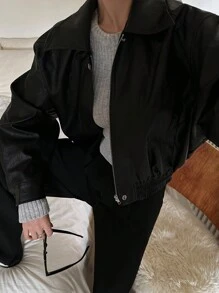 DAZY Women Plain Front Zipper Long Sleeve Casual Short PU Leather Jacket Fall,Winter School - Black - View 4