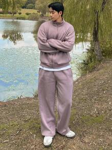 DAZY 秋季男士纯色保暖内衬运动衫套装 - 紫色 - 查看 5