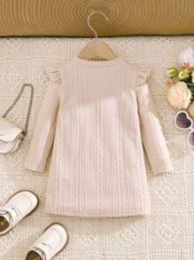 SHEIN Baby Girl Cute Apricot Minimalist Solid Color Cap Sleeve Dress, Autumn/Winter