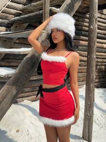 Muchica Christmas Plush Trim Bodycon Cami Top And Mini Skirt 2Pcs Set - Red and White - View 5