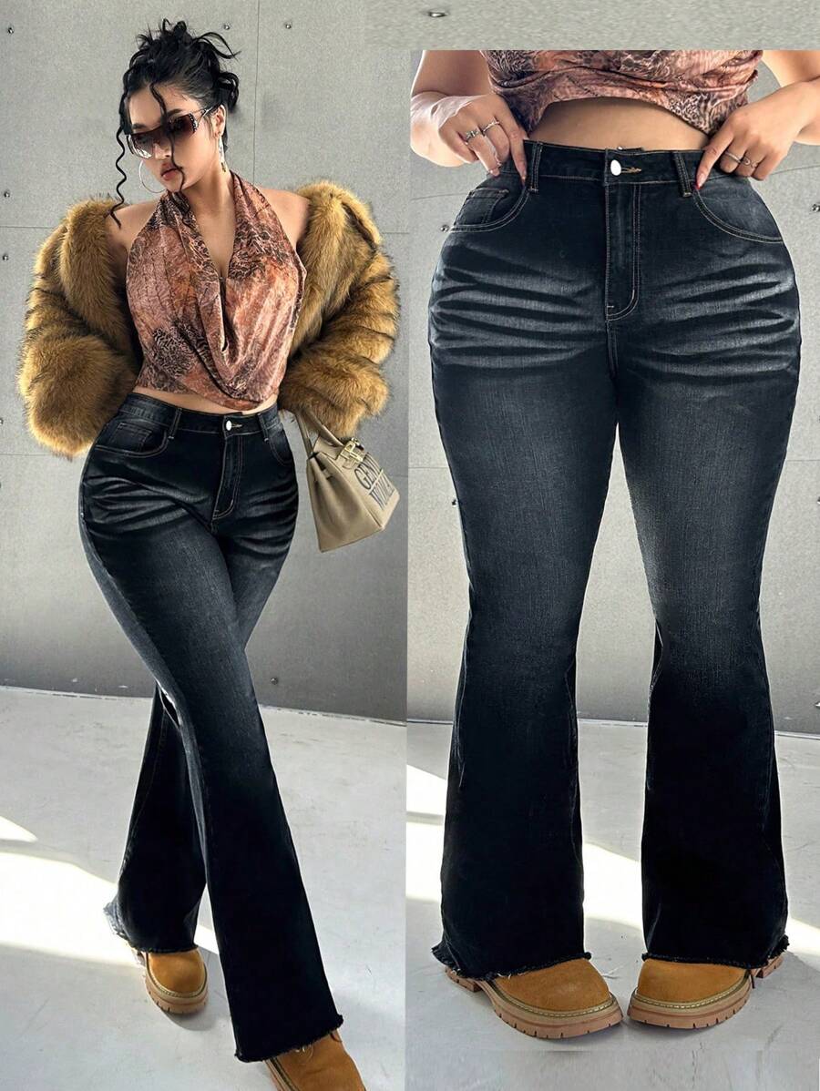 SHEIN ICON 大码性感弹力喇叭洗水喇叭牛仔裤，街头风格 - 深色水洗藍 - 查看 1