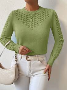 EMERY ROSE Women Solid Color Crew Neck Long Sleeve Hollow Out Casual Sweater, Autumn Knit Pullover Fall Winter Outfit - Green - View 6