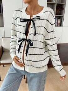 SHEIN Jersey de punto para maternidad, suéter de mujer de manga larga con cuello redondo, parches, moño y rayas para otoño e invierno