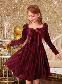 SHEIN Leap Crew 青少年女孩甜心领蝴蝶结装饰泡泡袖天鹅绒优雅连衣裙，适合圣诞节、派对、日常外出、生日派对、新年派对、母女装、淑女连衣裙、酒红色连衣裙 - 酒紅色 - 查看 1