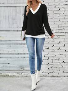 SHEIN LUNE Camiseta casual de manga larga con cuello en V y bloqueo de color para mujer, blusas gráficas para mujer para atuendos de primavera