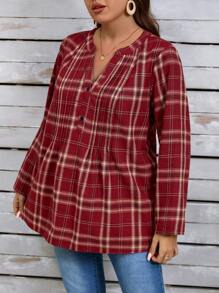 EMERY ROSE Plus Size Front Button Long Sleeve Plaid Shirt, Casual Everyday Wear - Burgundy - View 1