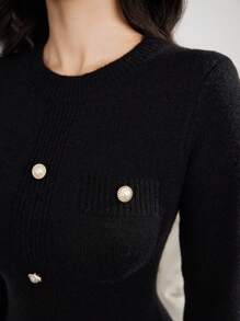 Modelyn 女士优雅纯色纽扣装饰紧身针织毛衣连衣裙，秋冬 - 黑色 - 查看 8