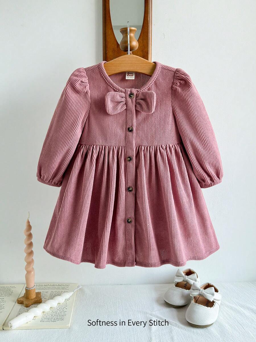 Cozy Pixies 女婴圆领蝴蝶结腰部褶皱前开口长袖连衣裙 - 粉色 - 查看 1