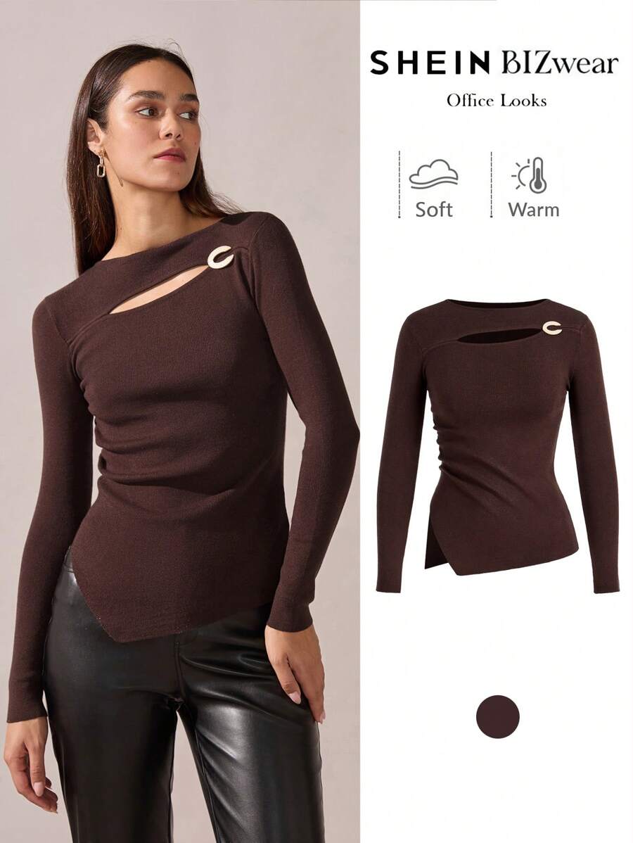 BizChic Women's Elegant Long Sleeve Brown Basic Knit Sweater T-Shirt, Commuter Fashion Outfit, Suitable For Christmas,