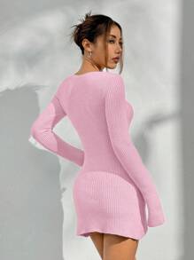 Flirla Einfarbiges geripptes gestricktes Langarm lässiges vielseitiges Pulloverkleid