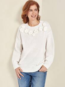 EMERY ROSE Maglione lavorato a maglia con decorazione floreale 3D, tinta unita, casual per autunno/inverno, taglie comode - Bianco - Visualizzare 4