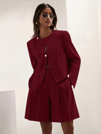 COSMINA 1 件女士时尚纯色镂空短夹克，秋季