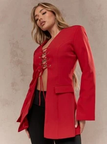 MISSGUIDED Luxury Lace Up Front Blazer Professional Evening Business Party Work Office Tailored Formal Long Sleeve Winter Fashion Statement Outerwear