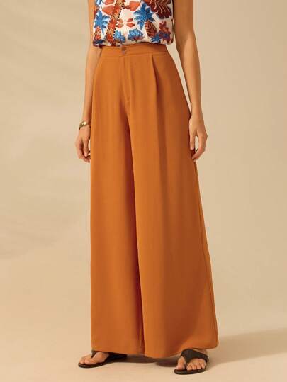 CAJUNI 女士超大阔腿橙棕色裤子，休闲海滩度假夏季长裤