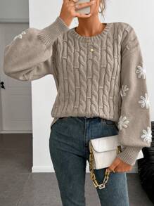 Calvaya European & American Autumn/Winter 3D Embroidered Flower & Twist Rope Decor Loose Casual Pullover Sweater