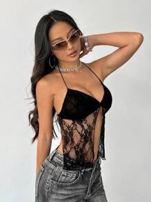 EgrlEra Ladies' Plain Lace Open Back Halter Neck Top Y2K Outfit  - Black - View 5