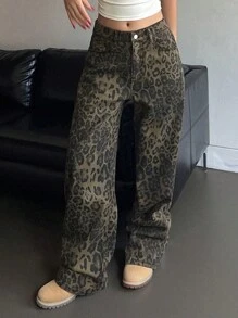 DAZY Jeans de pierna recta con estampado de leopardo para mujer