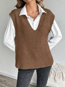 Chiquease Women Casual Solid Color Regular Loose Fit Sweater Vest, Not Including Blouse - Coffee Brown - View 6