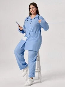 TaskEZ 大码纯色前扣双口袋长袖上衣和裤子制服套装，秋季磨砂套装