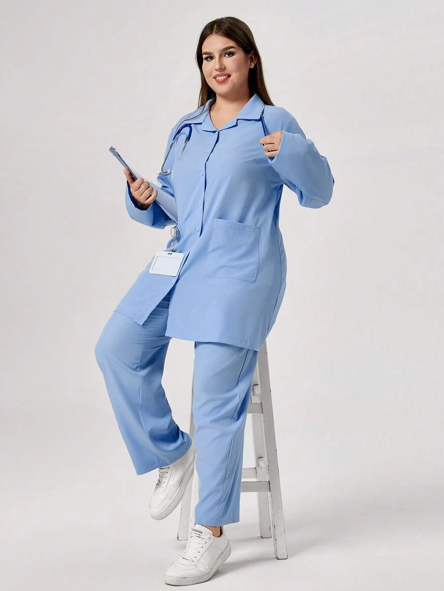 TaskEZ 大码纯色前扣双口袋长袖上衣和裤子制服套装，秋季磨砂套装