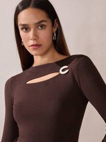 BizChic Women's Elegant Long Sleeve Brown Basic Knit Sweater T-Shirt, Commuter Fashion Outfit, Suitable For Christmas,