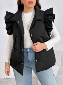 SHEIN LUNE 大码纯色前扣荷叶边饰边盖袖加厚外套，适合冬季 - 黑色 - 查看 1