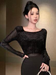 DAZY Camiseta de mujer de manga larga, cuello redondo, ajustada y de unicolor, estilo de moda, otoño transparente