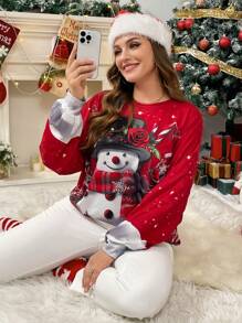 SHEIN Essnce Ropa de Navidad para mujer talla grande, Conjunto navideño familiar, Ropa navideña para mujer, Ropa casual de Navidad de moda, Camiseta holgada de cuello redondo con estampado de muñeco de nieve simulado para Navidad, Camiseta navideña fea, Top navideño, Camisetas de Navidad para mujer - Rojo - Ver 4
