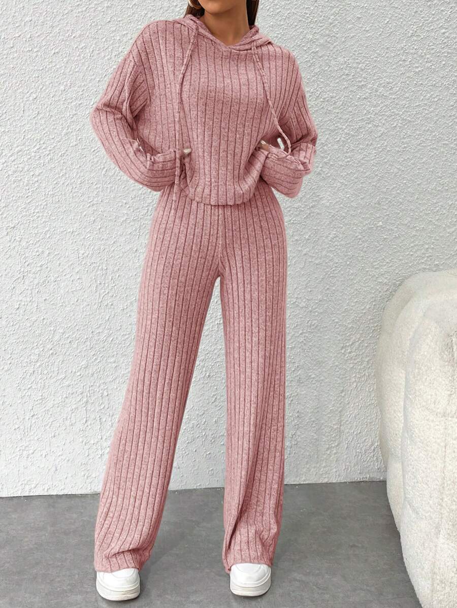 SHEIN PETITE 2件組女款休閒套裝,純色落肩長袖連帽上衣與抽繩長褲,秋季,小個女款 - 淺粉色 - 查看 1