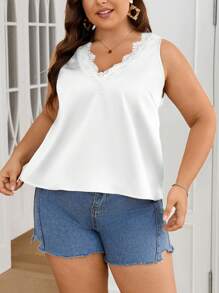 SHEIN Privé Elegant V-Neck Lace Spliced Shiny Sleeveless Blouse For Plus Size, Suitable For Office, Casual Wear, Travel And Holiday, For Summer - White - View 7