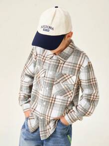 SHEIN 青少年男孩休闲加厚格子纽扣衬衫，美式风格 - 灰色 - 查看 5