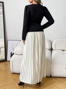 SHEIN Clasi Women Metal Button Pleated Blouse And Long Skirt 2 Pieces Set, Elegant For Autumn/Winter Fall Cloth For Women - Black - View 2