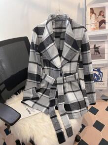 EMERY ROSE Women's Plaid Long Sleeve Waist-Tie Elegant Overcoat, Autumn/Winter - Multicolor - View 4