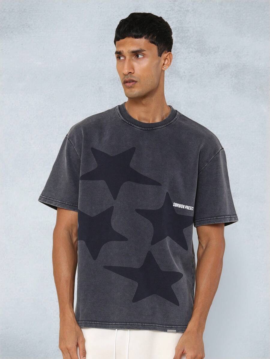 SUMWON Washed Crop Fit Tee With Star Graphic - Grey - View 1
