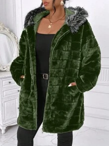 SHEIN LUNE Plus Size Long Sleeve Zip Front Fluffy Patchwork Casual Coat, Winter