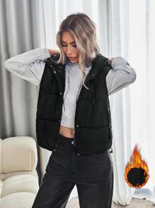 GENKIRA 女士时尚经典黑色无袖抽绳连帽绗缝背心加垫保暖聚酯纤维合成保暖冬季外套冬季夹克 - 黑色 - 查看 6