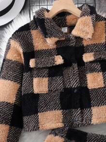 SHEIN 少女 2 件套格子印花单肩泰迪熊双面天鹅绒/夹克和裙子 - 彩色 - 查看 12