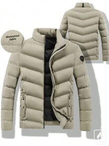 Manfinity Homme Loose Fit Men's Solid Color Zip-Up Coat For Winter, For Fall - Khaki - View 6