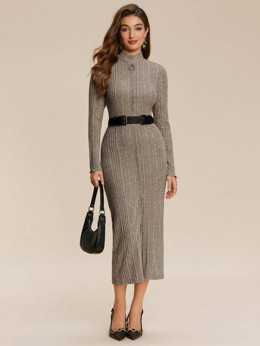 Chiquease Elegant Fashion Knitted Long Sleeve Cardigan Dress Fall Cloth For Women - Khaki - View 1