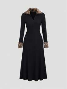 Sweetra 女士长裙，豹纹拼布兔毛针织复古优雅高端修身经典黑领连衣裙，秋冬长款女装 - 黑色 - 查看 1